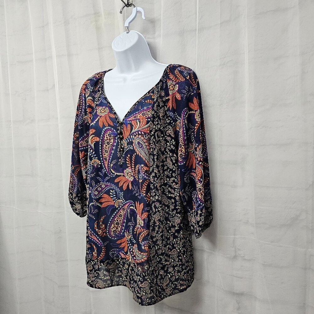Chaps Blouse Blue Paisley Boho Cottage Peasant Casual Festival PM - Picture 7 of 12